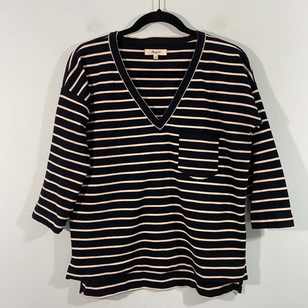 Madewell Black & White Striped Ponte Knit V-neck Zipper Hem Pocket Tee Sz XS